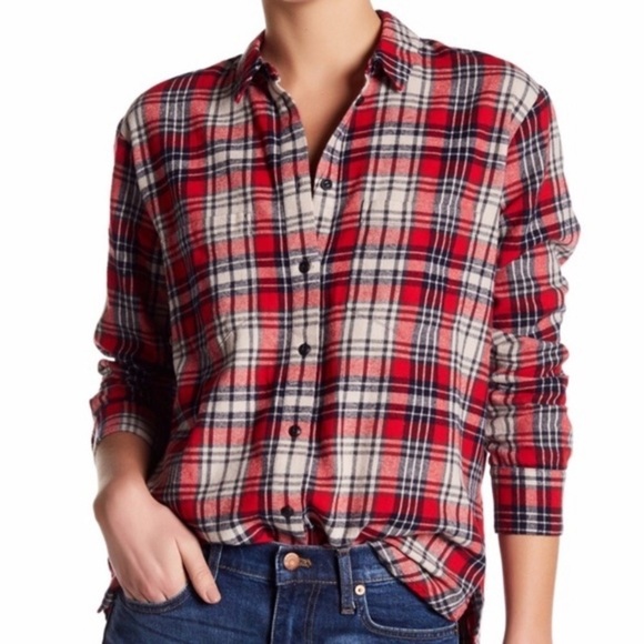 Madewell Flannel Oversized Ex-Boyfriend Button Down Shirt Size XS Red - Picture 1 of 9